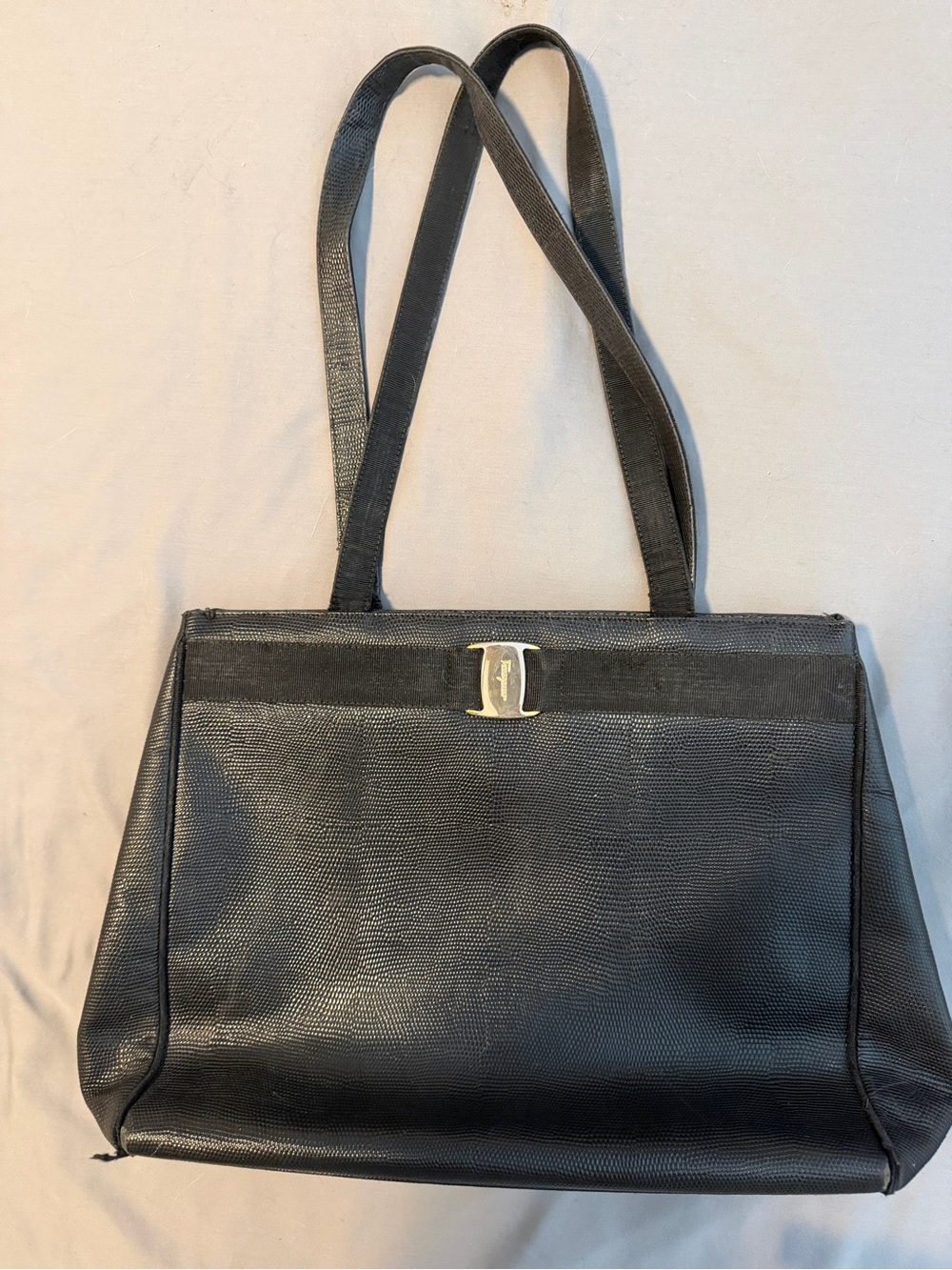 Vintage Salvatore Ferragamo Black Leather Tote Gold Hardware Made Italy